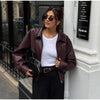 Wine Red Pu Leather Long Sleeve Lapel Collar Zipper Jackets Women Loose Short Coats Female Autumn Office Daily Wear