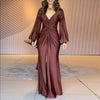 Elegant Long Sleeve Solid Dresses Women V Neck Pleated Waist Twist Detail High Split Maxi Dress Evening Prom Wedding Guest Dress