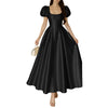Elegant Chic Women Satin Wedding Guest Party Long Dresses Square Neck Short Puff Sleeve Fitted Waist A-Line Dress S-3XL