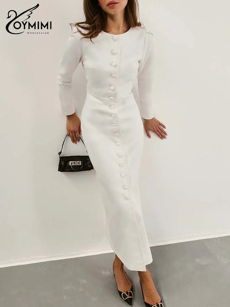 Elegant White O-Neck Womens Dresses Wrist Sleeve Single Breasted Dresses Casual High Waisted Ankle-Length Dress