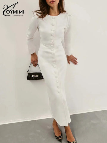 Elegant White O-Neck Womens Dresses Wrist Sleeve Single Breasted Dresses Casual High Waisted Ankle-Length Dress