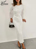 Elegant White O-Neck Womens Dresses Wrist Sleeve Single Breasted Dresses Casual High Waisted Ankle-Length Dress