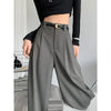 Fall Winter Elegant Gray Suits Pants for Women Office Lady High Waist Wide Leg Trousers with Pockets Black Pants