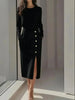 Women's Solid Color Long Sleeves Elegant Midi Dress with Button Details and Side Slit - Crew Neck