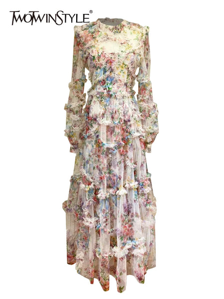 Hit Color Print Dresses For Women Round Neck Lantern Sleeve High Waist Folds Elegant Dress Female Clothing