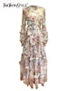 Hit Color Print Dresses For Women Round Neck Lantern Sleeve High Waist Folds Elegant Dress Female Clothing