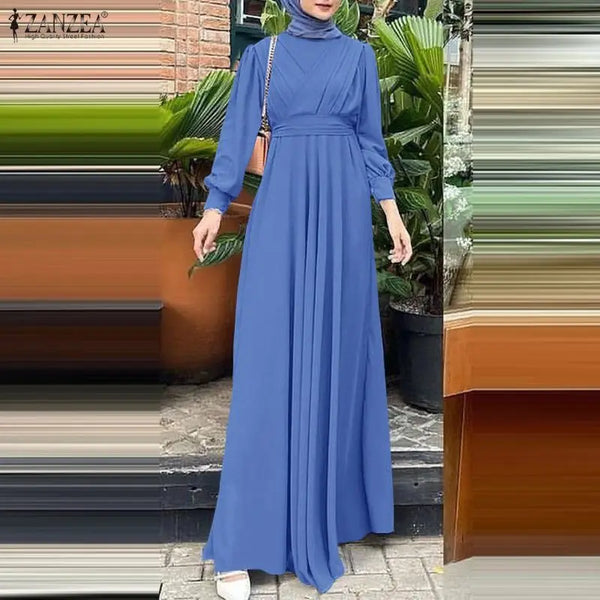 Muslim Hijabs Women Maxi Long Dresses Modest Long Sleeve Tied Waist A-Line Dress Abaya Robes Islamic Ramadan Clothes 3XL