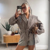 Women Checked Lapel Jacket Shorts Set Long Sleeve Buttons Belt Pocket Loose Blazer Suit Lady Office Commute Outfit
