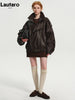 Spring Autumn Cool Brown Oversized Pu Leather Jacket Women Long Sleeve Zip Up Designer American Retro Clothing