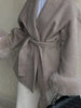 Elegant Lace Up Woolen Coat Women Furry Lapel Fur Patchwork Belt Loose Short Jacket Female Lady Autumn Winter Cardigans