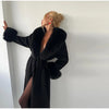 Lace-Up Long Overcoat Women's Coat Office Lady Elegant Woolen Furry Patchwork Long Sleeve Coats Loose Cardigan Jackets