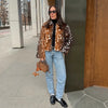 Women Deer Spot Print Faux Fur Cropped Jacket Stand Collar Dark Fur Cuff Button Up Short Coat Vintage Winter Street Outerwear