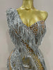 Stock Sparkly Rhinestone Sequins Tassel Mesh One Shoulder Short Dress Women Evening Birthday Party Nightclub Stage Costume