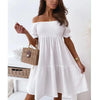 Women's Summer Solid Color One Line Collar Knee Length Skirt with Lantern Sleeves Gentle A-line Solid Color Dress