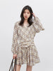 Women Dresses V Neck Loose Casual A Line Lace Up Long Sleeved Plaid Dress Puff Sleeve Spring Autumn