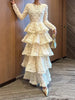 Elegant Spliced 3D Flower Dresses for Women O Neck Long Sleeves High Waist Patchwork Ruffles Folds Dress Female