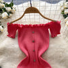 Pink Solid Button Front Spaghetti Dress Sexy Knit Slash Neck Mini Dress Bodycon Women's Clothing Outfits Ruffles