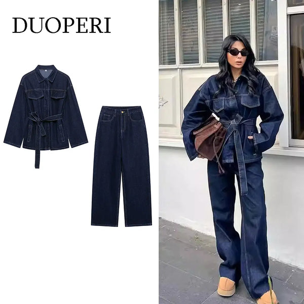 Women 2 Pieces Sets With Belt Denim Jackets & Vintage Front Zipper Jeans Trousers Feamle Chic Lady Pants Sets