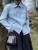 Pleated Denim Printed Shirt Long Sleeve Women Cardigan Single Breasted Casual Jacket Pocket Coat Top