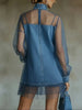 Women Stand Collar Denim Dress Organza Mesh Hem Overlay Long Puff Sleeve Pocketed Ruffle Hem Casual Streetwear Mini Dress