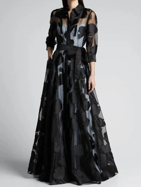 Autumn Dress for Women Polk Dot Elegant Turn Down Collar Transperant 3/4 Sleeve Elegant Casual Vintage A-Line Long Dress