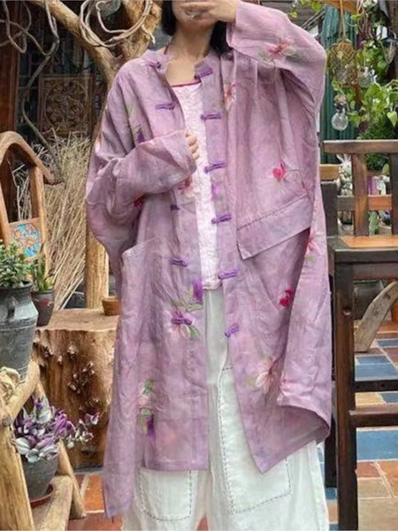 Spring Retro Print Ramie Loose Women Thin Wind Coats Leisure Long Trench Vintage Chinese Style Coat