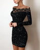 Spring Women's, Elegance, Leisure, Sexy Long sleeved Lace Edge, One Shoulder Silver Powder Sprinkled Dress