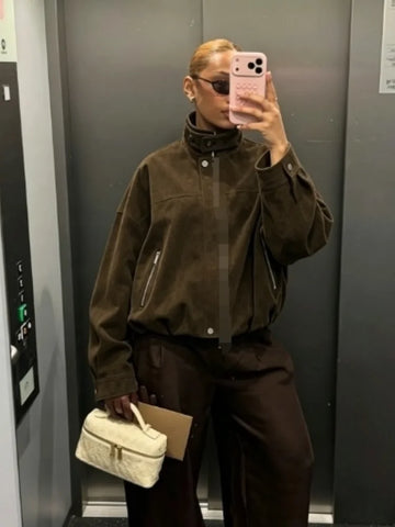 Suede Oversized Cropped Bomber Jacket High Stand Collar Zip Up Loose Moto Coat Women Vintage Street Casual Outerwear