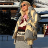 Women Chevron Color Block Padded Ski 2 Piece Set Fleece Collar Zipper Snow Jacket Cargo Wide Leg Pants Winter Snowboard Outfits