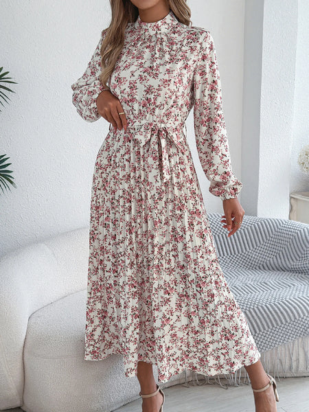 Floral Stand Up Collar Bridesmaid Dress Spring Autumn Elegant Long Sleeve Waist Cinching Pleated Dresses Woman Clothing