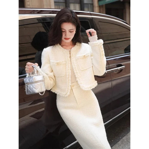 Women's Winter Little Fragrance Short Tweed Blazers Skirt Set Vintage Solid Color Round Neck Tassel Jacket Two-piece Sets