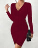 Women's V-Neck Long Sleeve Bodycon Dress - Ribbed Knit Mini Dress with Button Detail Sexy Wrap Style for Party & Night Out