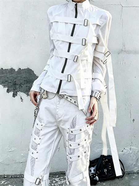 Women White Straps Buckle Zip Up Jacket High Neck Long Sleeve Gothic Punk Bandage Strap Ribbon Y2K Streetwear Slim Fit Coat
