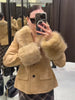 Women Vintage Floral Print Plush Cuffs Fur Collar Coat Waist Cinching Short Women's Jacket Autumn Winter Banquet Outfit
