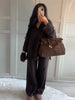 Brown V-Neck Knit Shirt Pants Set Women Solid Long Sleeve Top Empire Straight Loose Trousers Lady Spring Suit