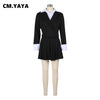 Women Pleated Mini Skirts Suit and Shirt Patchwork Long Sleeve Blazer Matching 2 Two Piece Set Outfits