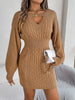 Autumn Winter Solid Color Woolen Dress O-Neck Lantern Long Sleeve Hollow Out Knitted Mini Dresses Woman Clothing
