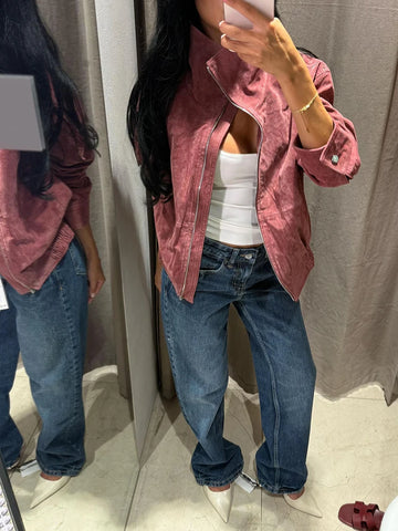 Suede Stand Collar Cropped Jacket Ribbed Hem Autumn Women Retro Daily Outerwear Chic Street Ladies Coat