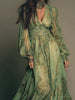 Women's Print Deep V Neck Long Lantern Sleeve High Waist Chiffon Maxi Dress Elegant Versatile Daily Casual Commuter Female Dress