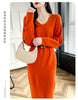 100% Merino Wool Women Long Dress Sweater V-Neck Pullover Long Dress Versatile Cashmere Knitwear Bottoming Clothing