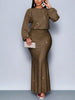 Shiny Women's Dress Spring Autumn O-neck Long Sleeve Slim Hips Banquet Long Dress Female Pleated Party Fishtail Dresses