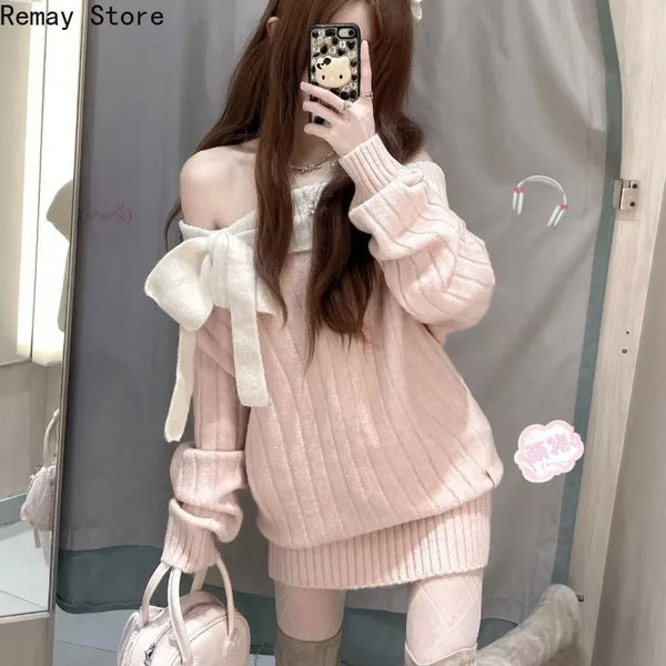 Autumn Japanese Lolita Y2k Sexy Sweet Women Dresses Slim Fit Pink Long Sleeve Sweater Dress Korean Elegant Party Outfits