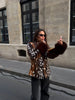 Women Leopard Print Stand Collar Waist Cinched Faux Fur Short Coat Fluffy Cuff Outerwear Winter Ladies Warm Furry Jacket