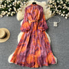 Retro Elegant Autumn Edible Tree Fungus Patchwork Long Sleeves Print Chiffon Dress A-line French Vintage Vacation Women Dresses