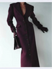 Women's Long Coat Slim V Neck Single Breasted Overcoats Shoulder Pad Maxi Jackets with Belt Winter Lady Commute Outwear