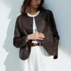 Women's Autumn Clothing European Sheepskin Casual O-Neck Single-Breasted Coffee Litchi Stria Genuine Leather Jacket