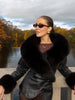 Black Faux Fur Collar Leather Jacket Elegant Lapel V-neck Waist Cinching Long-sleeved Short Coats Lady Winter Commute Coat