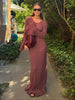 Pleated Wavy Knit Maxi Dress For Women Lace-up Long Sleeve Loose Casual Sweater Dress Female Party Clothes Solid Elegant