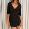 Women Y2K Twist V Neck Bodycon Mini Dress Slim Mid Sleeve Solid Color Casual Tee Dress Date Vacation Outfit
