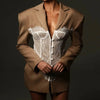 White Lace Patchwork Blazer Women's Notched Collar Slim Fit Long Sleeves Single Breasted Suit Jacket Tide